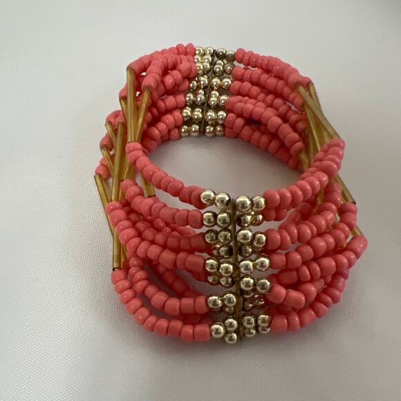 Multi-Strand Pink Beaded Stretch Cuff Style Bracelet - Picture 4 of 4